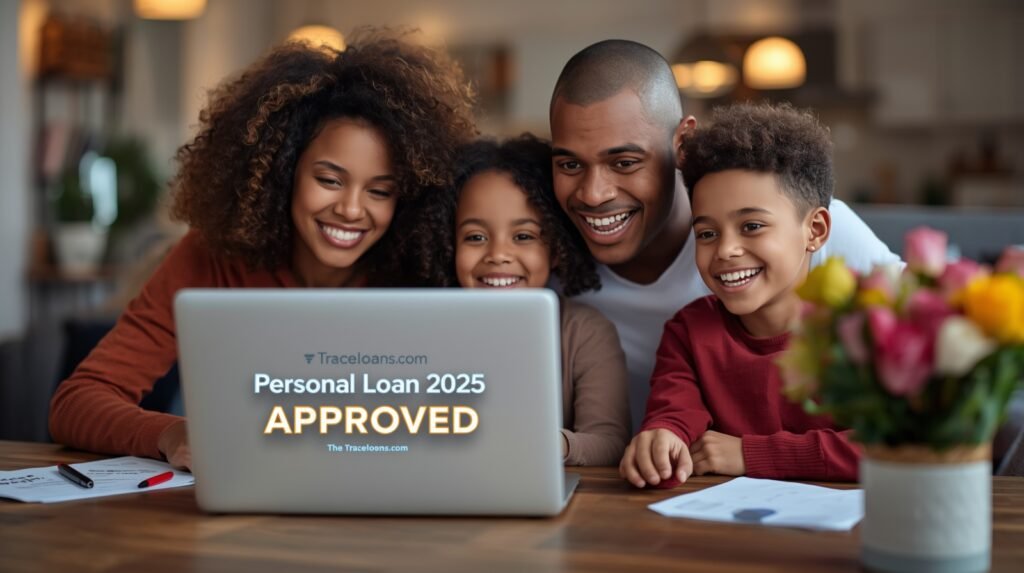 Happy family celebrating loan approval, symbolizing financial stability with Traceloans.com Personal Loan 2025