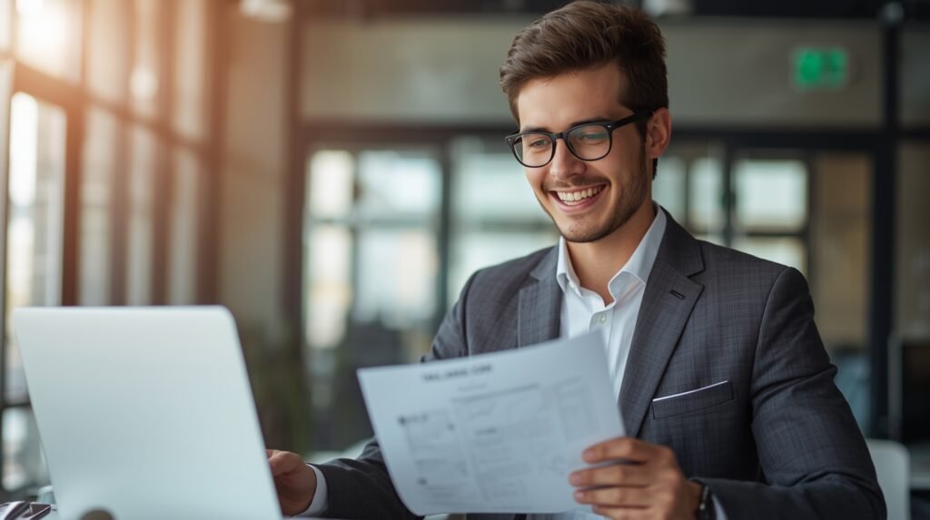 Young professional planning finances with laptop and documents, representing Traceloans.com Personal Loan 2025 introduction.