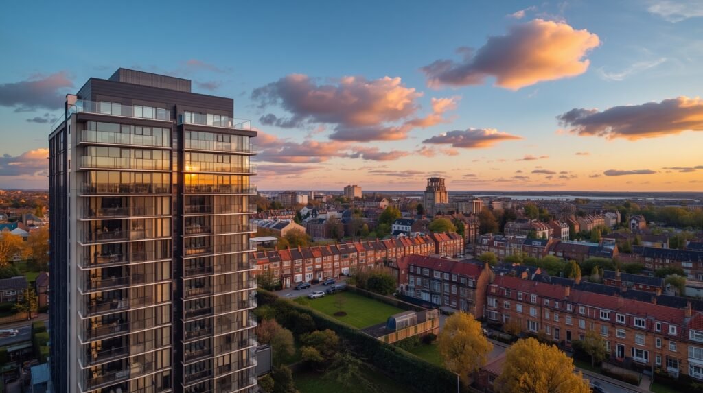 City view with apartments and houses at sunrise, symbolizing real estate investment opportunities.