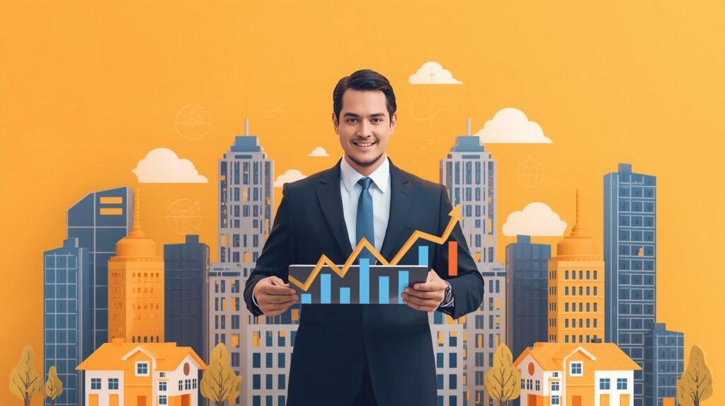 Professional real estate investor with property charts, houses, and skyscrapers representing PedroVazPaulo Real Estate Investment Guide.