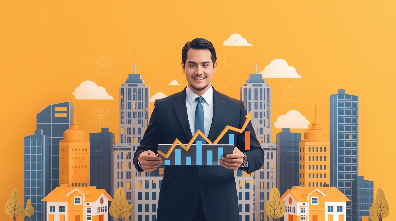 Professional real estate investor with property charts, houses, and skyscrapers representing PedroVazPaulo Real Estate Investment Guide.