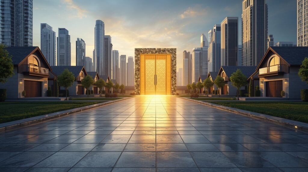 Pathway leading to city buildings with golden door symbolizing financial freedom through PedroVazPaulo Real Estate Investment.