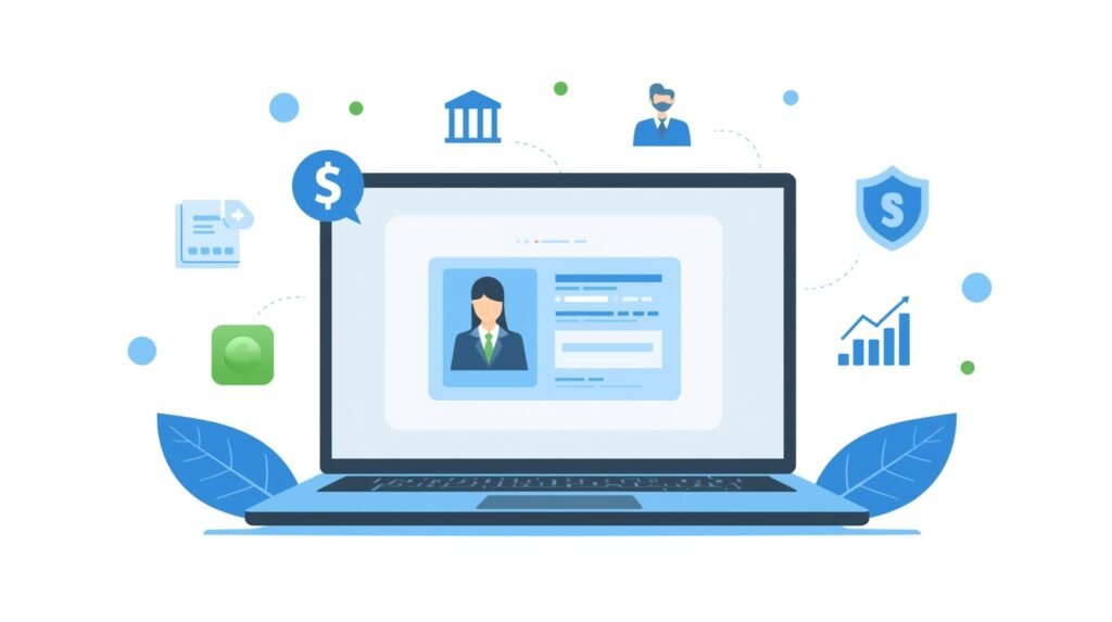 Illustration showing online loan application with laptop, broker icons, money, and secure shield – representing MyFastBroker loans process