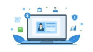 Illustration showing online loan application with laptop, broker icons, money, and secure shield – representing MyFastBroker loans process