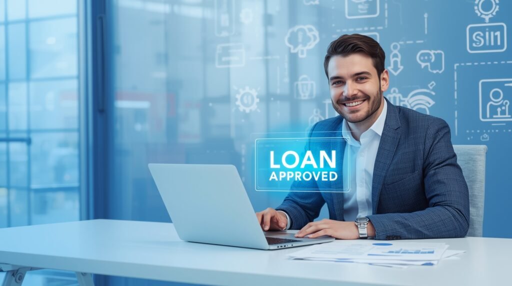 Traceloans.com Personal Loan 2025 banner with businessman, laptop showing loan approval hologram, and futuristic fintech background.