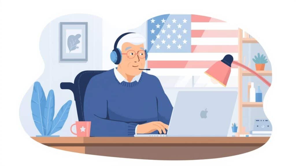 Disabled veteran working remotely on a laptop at home with headphones and USA flag in the background – representing remote transcription jobs in the USA