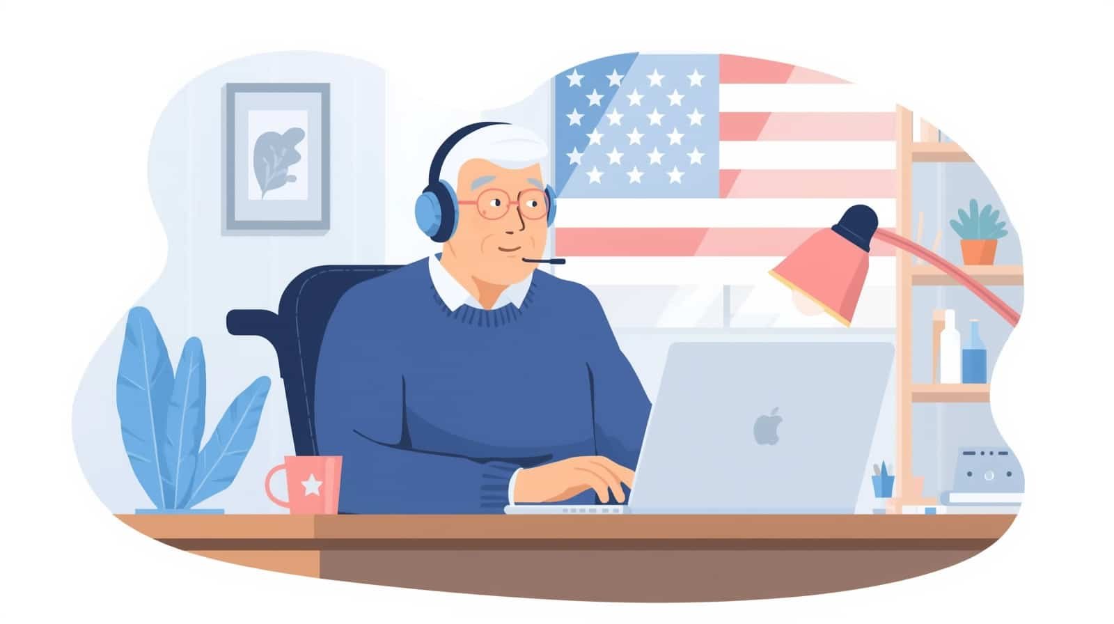 Disabled veteran working remotely on a laptop at home with headphones and USA flag in the background – representing remote transcription jobs in the USA