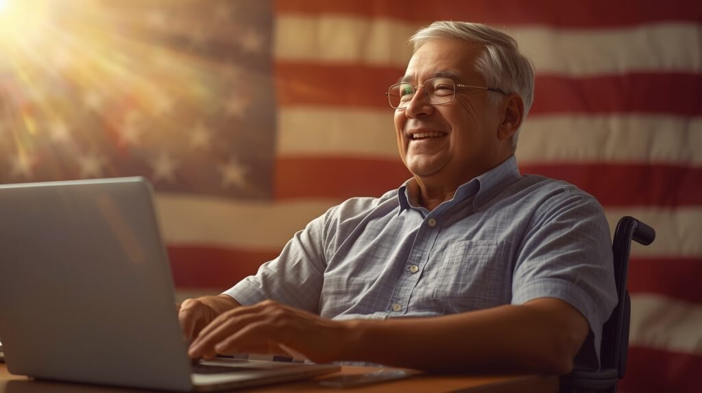 Successful disabled veteran completing remote transcription job from home.
