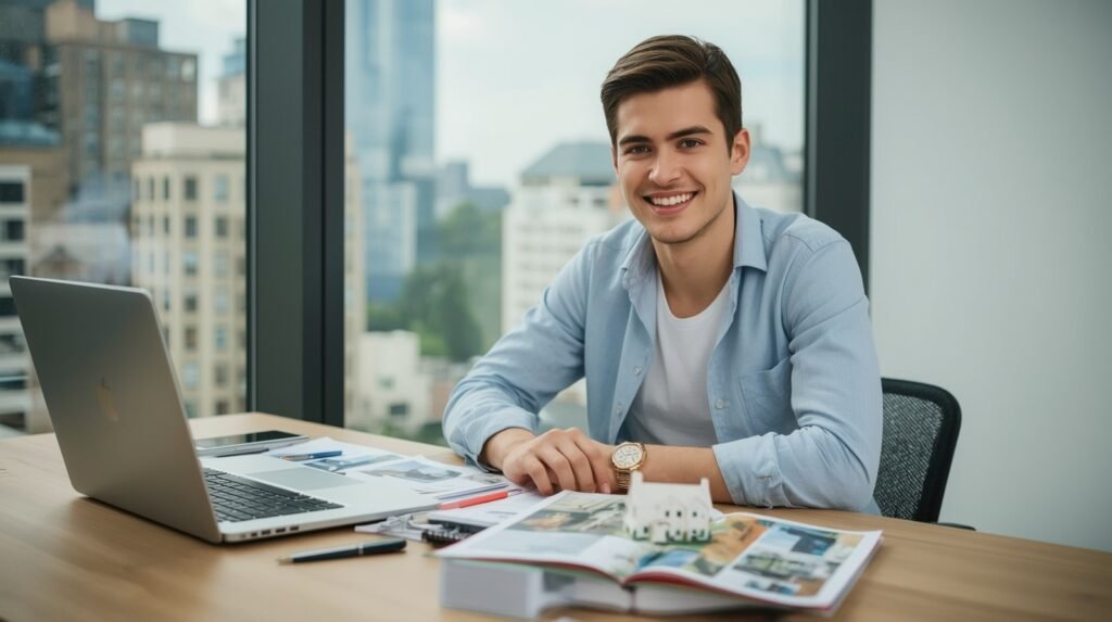 Beginner investor with laptop and model house planning real estate investment.