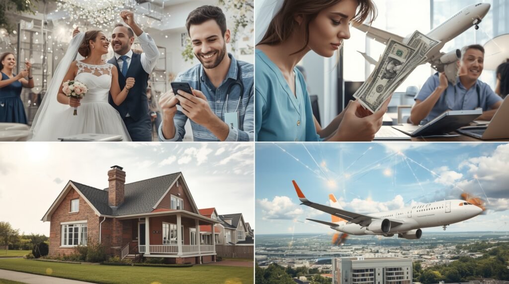Visual collage of wedding, medical care, education, home renovation, and travel funded through Traceloans.com Personal Loan benefits.