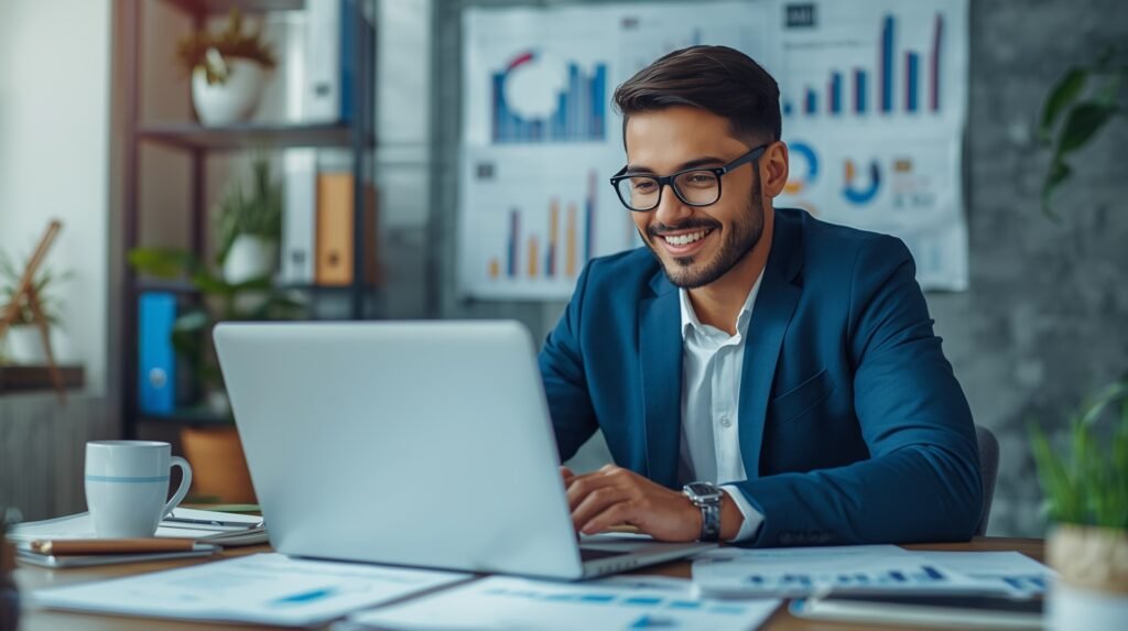Confident small business owner reviewing financial documents and business loan options with TraceLoans.com in a modern office