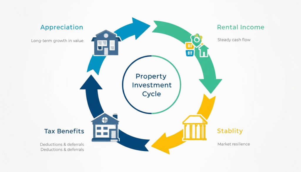 Infographic-style real estate icons with arrows showing benefits like income, growth, and stability.