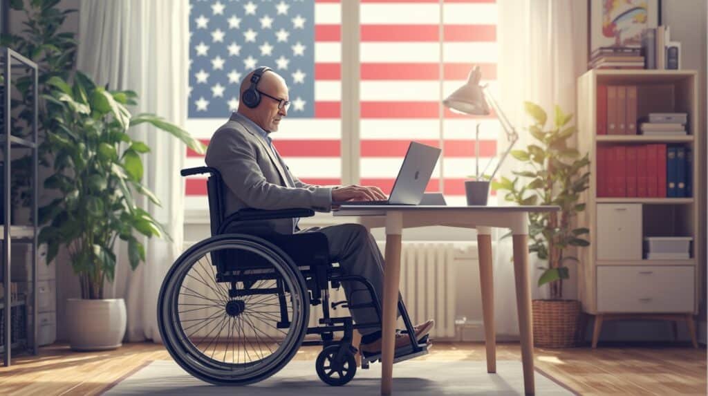 Disabled veteran working from home on transcription job in the USA.